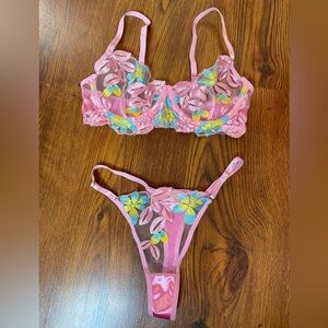🎀🌷 Ethereal Pink Blue Yellow Floral Embroidery Sheer Satin Fairy Lingerie Set 🌷🎀